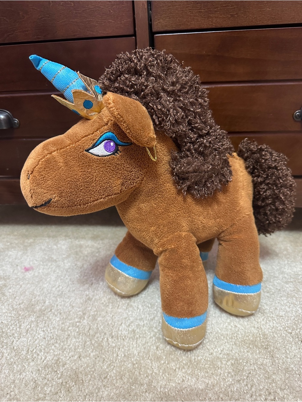 Afro Unicorn Plush Stuffed Unicorn Brown & Blue Metallic Feet Iridescent Horn